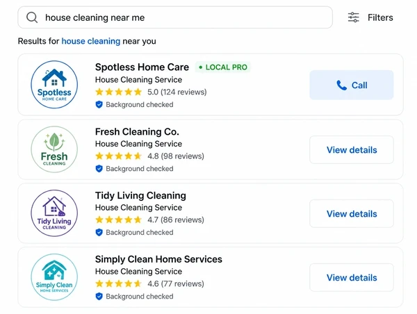 A search results page where a local service appears first with a call button