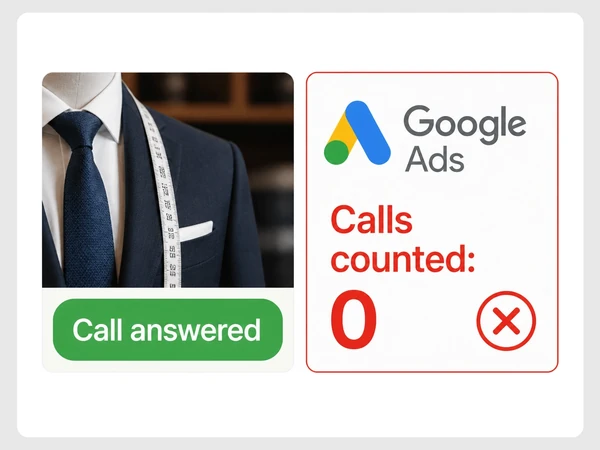 Ashford Tailoring answers a customer call while Google Ads conversions still counts zero calls.