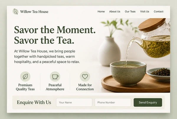 A tea house landing page whose headline repeats the advert, with a short form