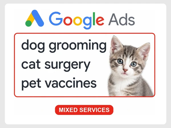 Riverbend Vet Google Ads mixes dog grooming, cat surgery, and pet vaccines in one ad group.