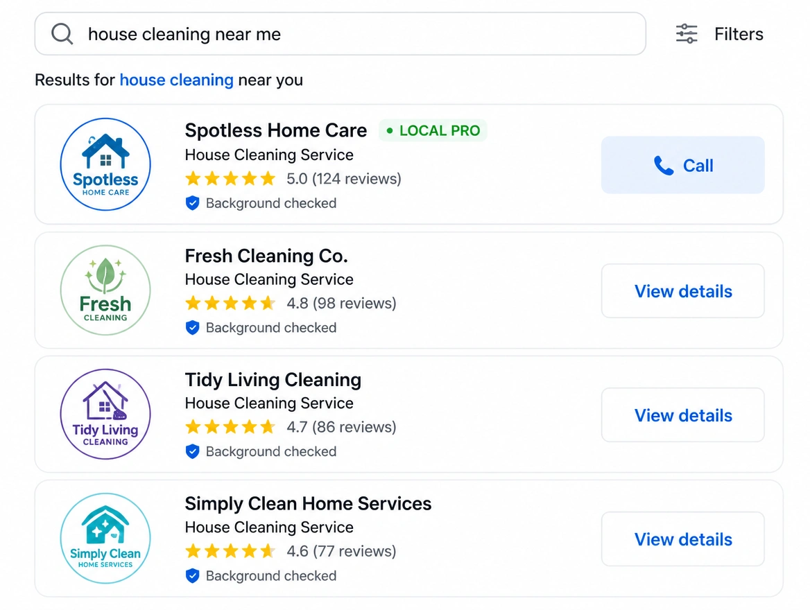 A search results page where a local service appears first with a call button