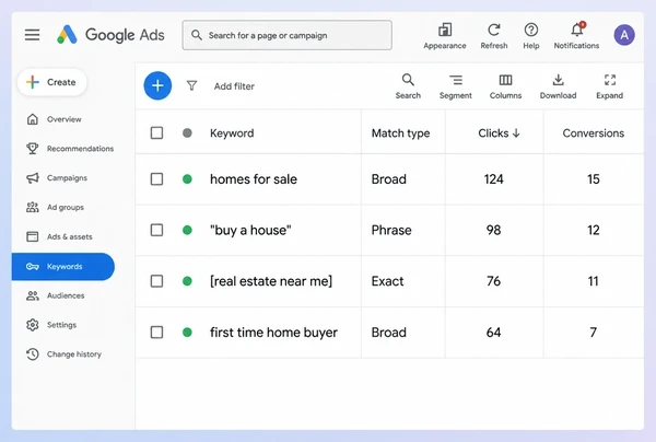Four real estate keywords in Google Ads labelled broad, phrase and exact match
