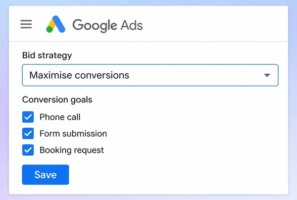 A Google Ads bid strategy set to chase calls and forms for a boutique hotel