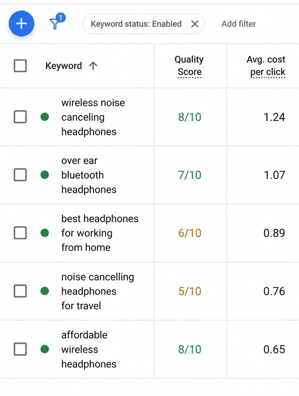 A keyword table showing Quality Score beside average cost per click