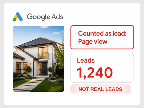 Harbourline Realty Google Ads counts page views as leads and reports 1,240 false leads.