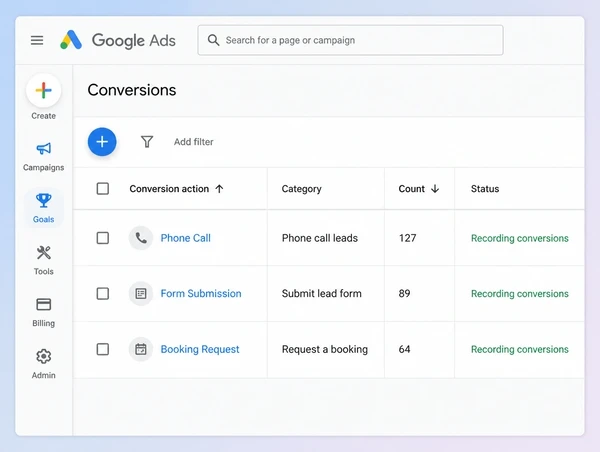 Three recorded conversion actions for a dance studio account in Google Ads