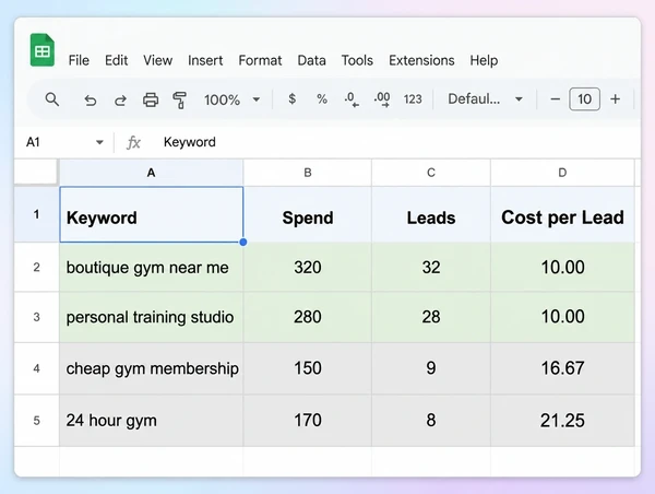 A sheet comparing spend and leads across four boutique gym keyword groups