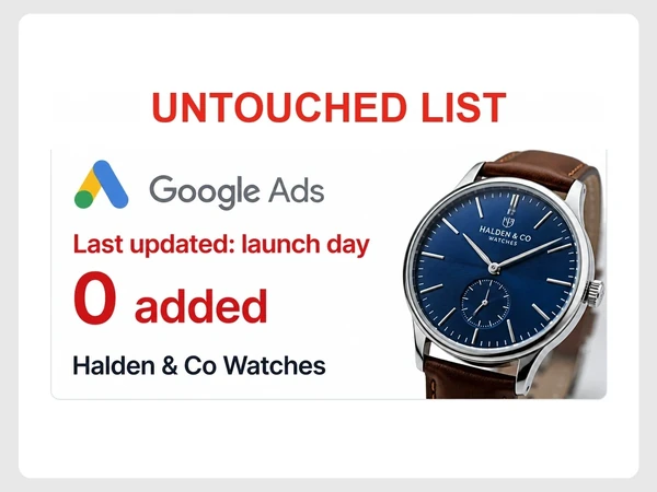 Halden & Co Watches Google Ads negative keyword list remains unchanged since launch with zero terms added.