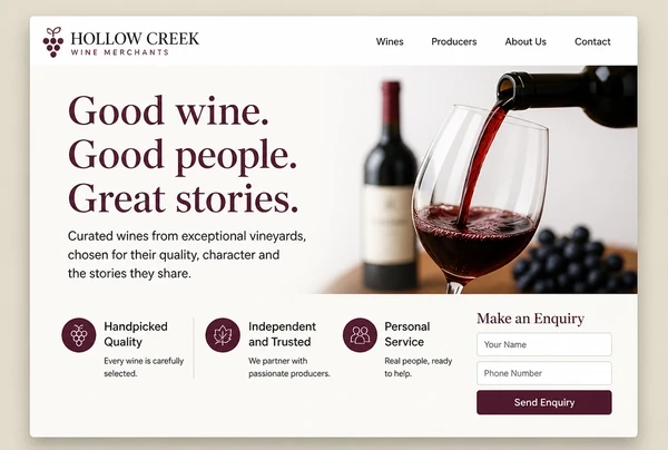 A wine merchant landing page whose headline repeats the advert, with a short form