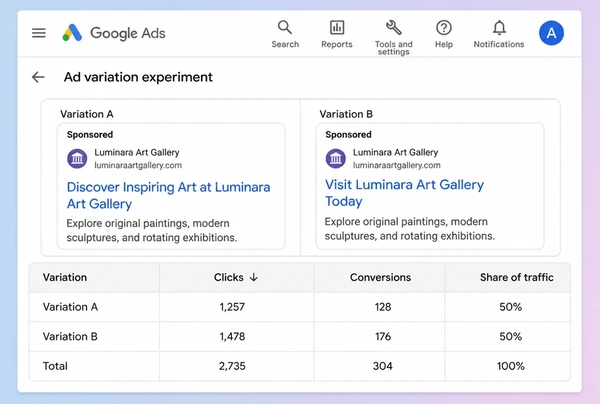 Two art gallery advert headlines compared side by side in a Google Ads test