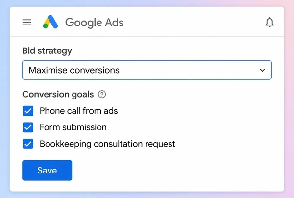 A Google Ads bid strategy set to chase calls and forms for an accountancy practice