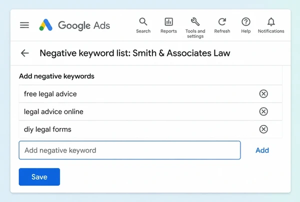 A Google Ads negative keyword list excluding three wasteful law practice searches