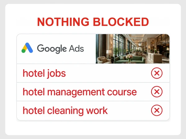 The Linden House Google Ads lists hotel jobs, hotel management course, and hotel cleaning work as unblocked searches.