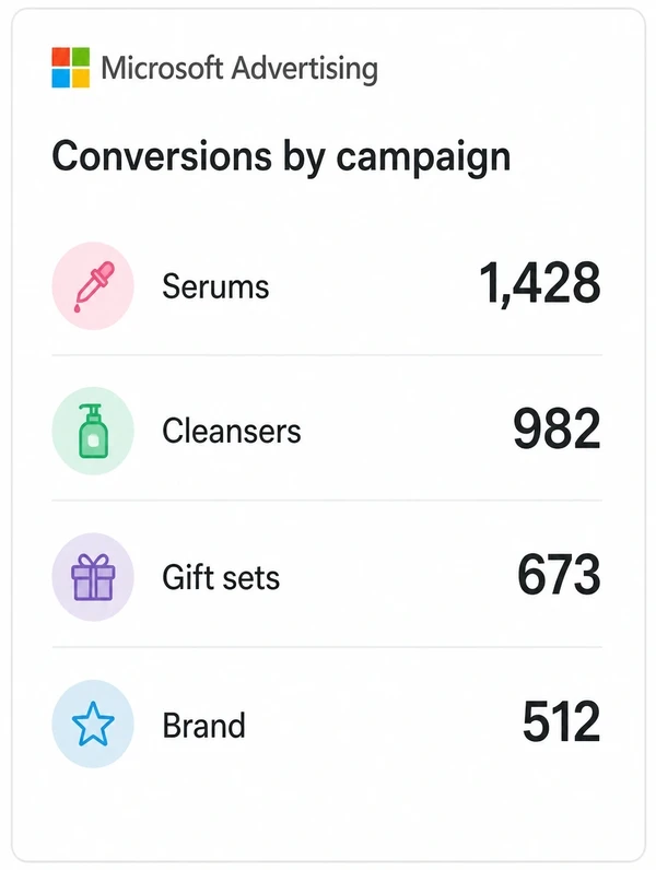 A Microsoft Advertising panel listing four skincare campaigns with one conversion count each