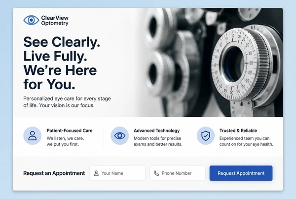 An optometry practice landing page whose headline repeats the advert, with a short form