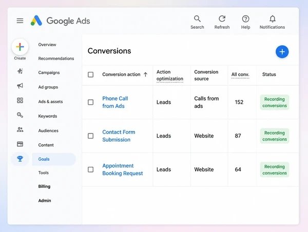 Three recorded conversion actions for a dermatology clinic account in Google Ads