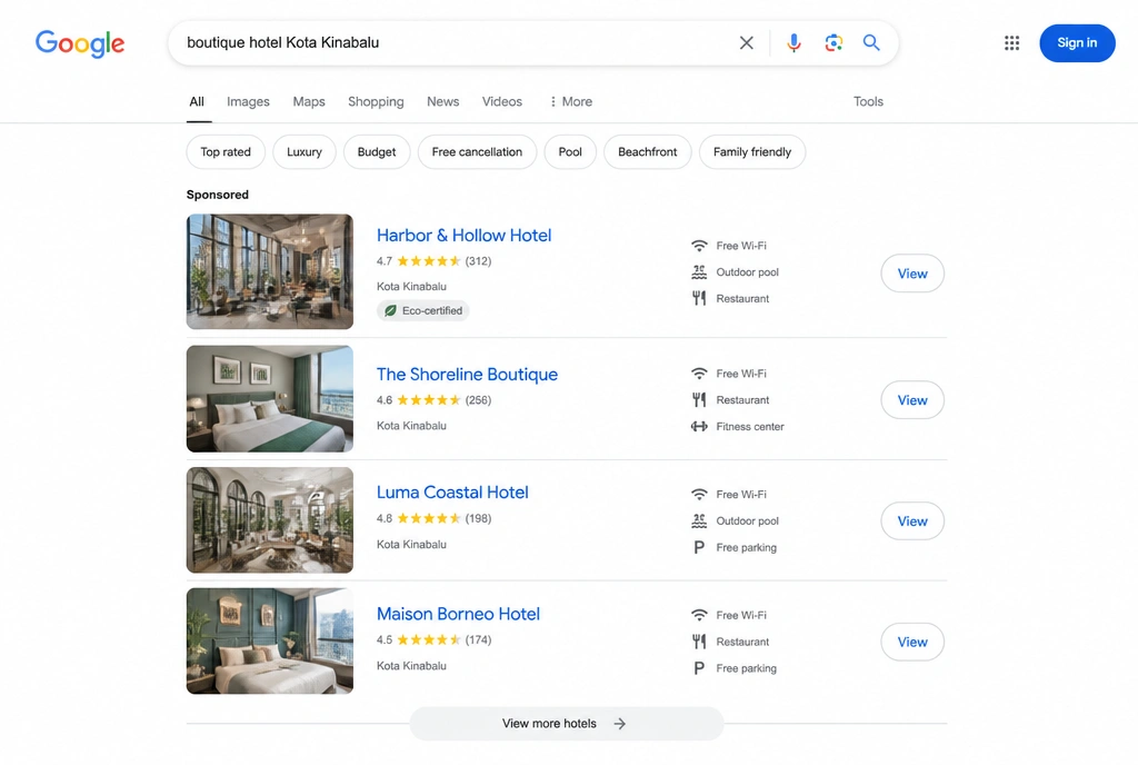 A Google search results page with sponsored boutique hotel listings in Kota Kinabalu