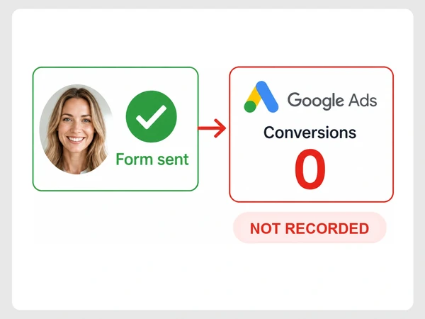 Brightside Dental shows a sent booking form while Google Ads records zero conversions.