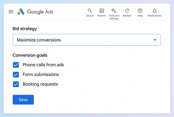 A Google Ads bid strategy set to chase calls and forms for a barber shop