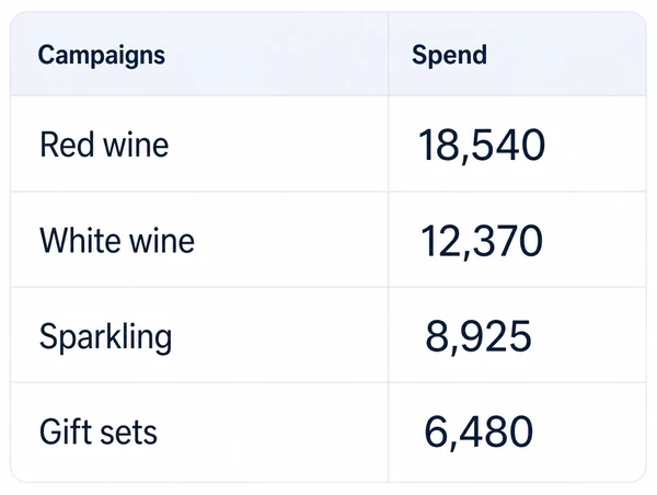 A Google Ads campaigns panel with four wine range rows and one figure each