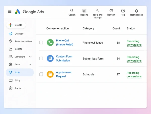 Three recorded conversion actions for a physiotherapy practice account in Google Ads