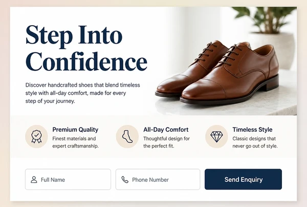 A shoe boutique landing page whose headline repeats the advert, with a short form