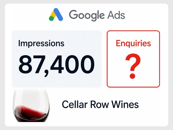 Cellar Row Wines monthly report shows 87,400 impressions while the Enquiries tile remains a question mark.
