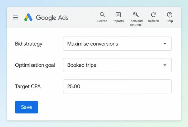A Google Ads bid strategy card set to maximise conversions with booked trips as the goal