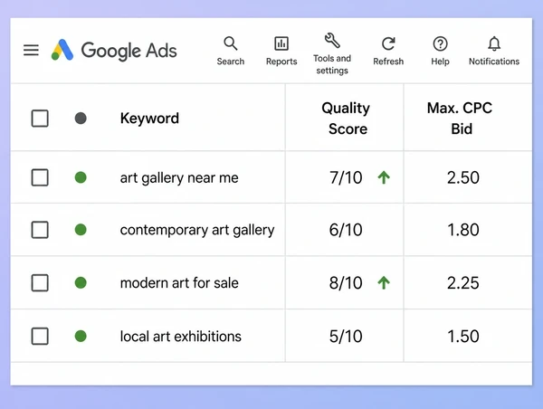 A Google Ads keyword table showing quality scores out of ten with two of them improving