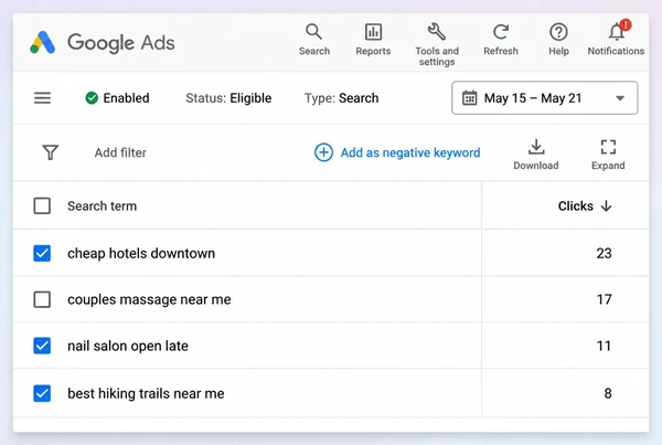A Google Ads search terms report with three off target spa searches ticked to exclude