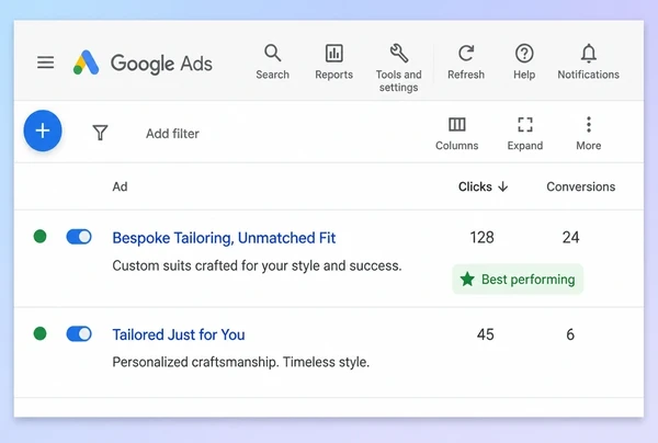Two Google Ads text adverts for a tailor compared, the stronger one labelled best performing