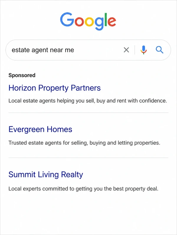 A Google results panel with one sponsored listing above two organic results