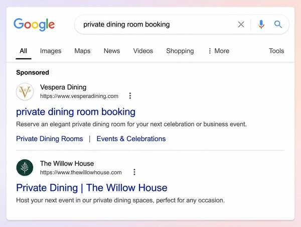 A Google search for a private dining room with a sponsored restaurant result repeating the words