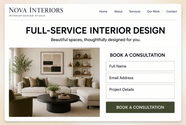 An interior design landing page with a room photo and a three field consultation form