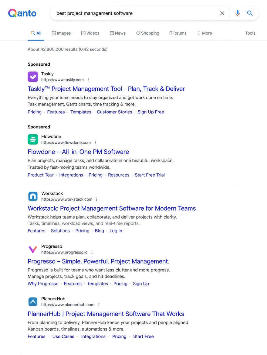A search results page with sponsored listings above the organic ones