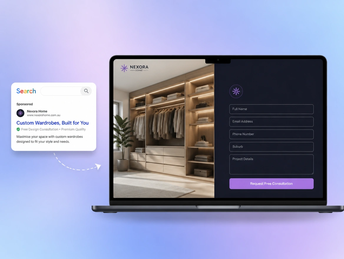 Website mockup showing landing page work