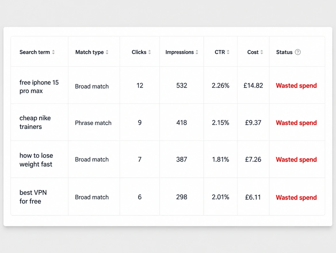 A search terms report full of irrelevant searches marked as wasted spend