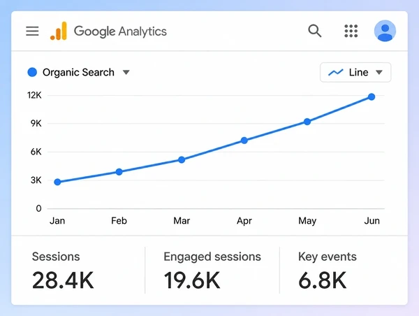 A Google Analytics chart for a shoe boutique showing organic sessions rising across six months