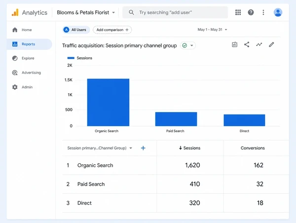 A Google Analytics report for a florist comparing organic, paid and direct sessions