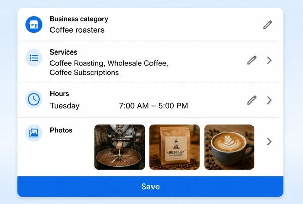 A Google Business Profile edit screen for a coffee roastery showing category, services, hours and photos