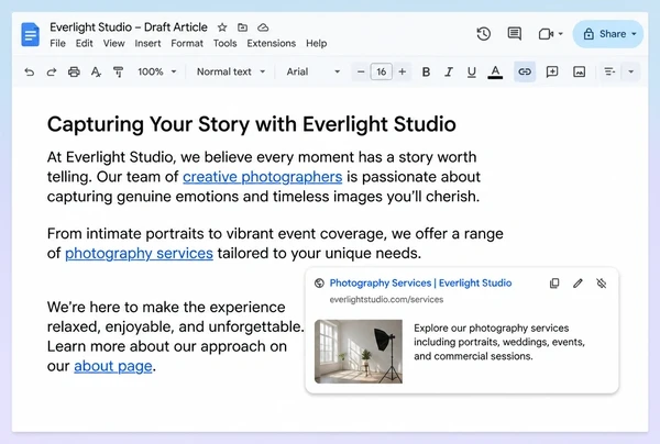A Google Docs draft for a photography studio with three internal links and one link preview open
