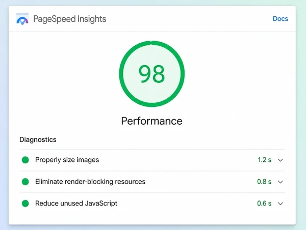 A PageSpeed Insights result for a barber shop site with a score and three diagnostic rows