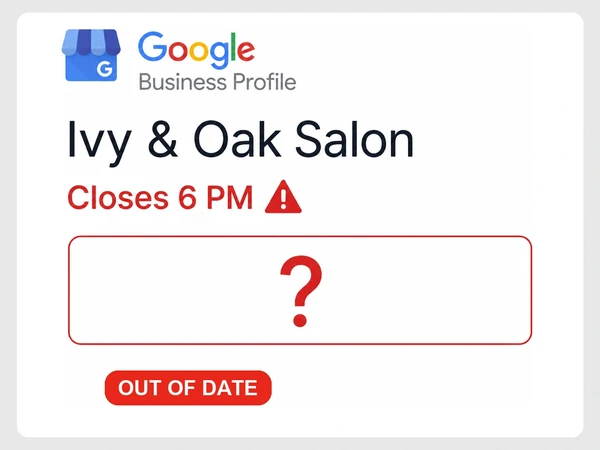 Ivy & Oak Salon profile shows outdated closing hours and no photos.