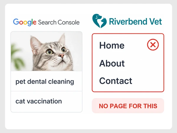 Riverbend Vet receives dental cleaning and vaccination searches without matching website pages.