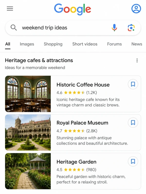 A weekend trip search on a phone showing places to visit
