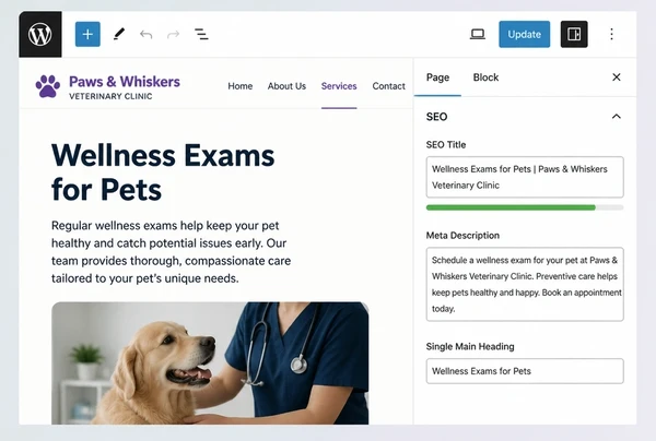 A WordPress editor showing the title, description and heading set for a veterinary practice service page