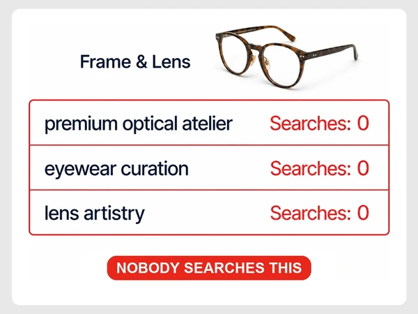 Frame & Lens keyword plan shows zero searches for premium optical atelier, eyewear curation, and lens artistry.