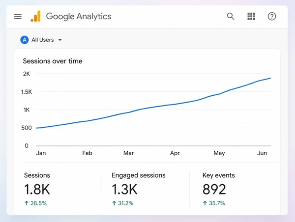 A Google Analytics chart for a ceramics studio showing organic sessions rising across six months