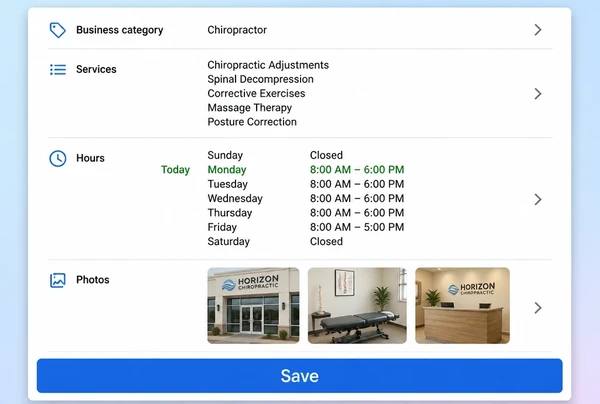 A Google Business Profile edit screen for a chiropractic clinic showing category, services, hours and photos
