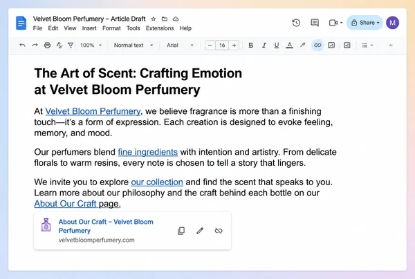A Google Docs draft for a perfumery with three internal links and one link preview open